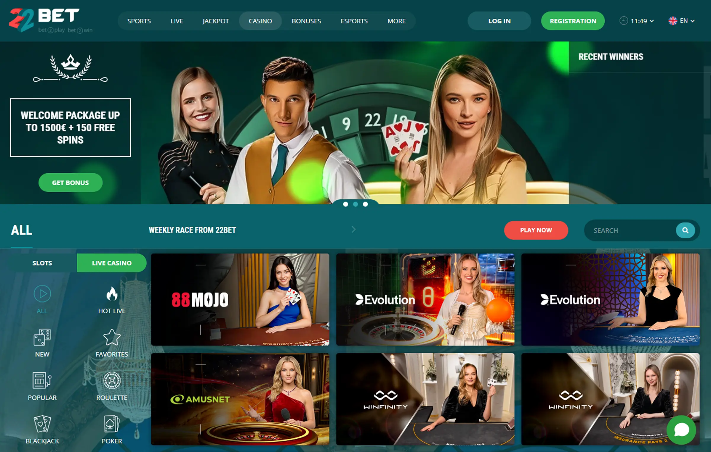 22Bet Gaming platform